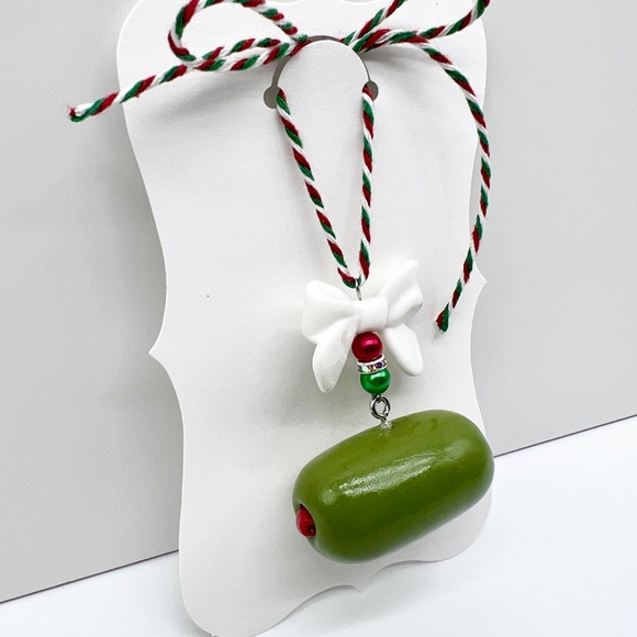 Christmas Olive Ornament – Handmade Polymer Clay Olive with Bow | Funny Holiday - Picture 6 of 9